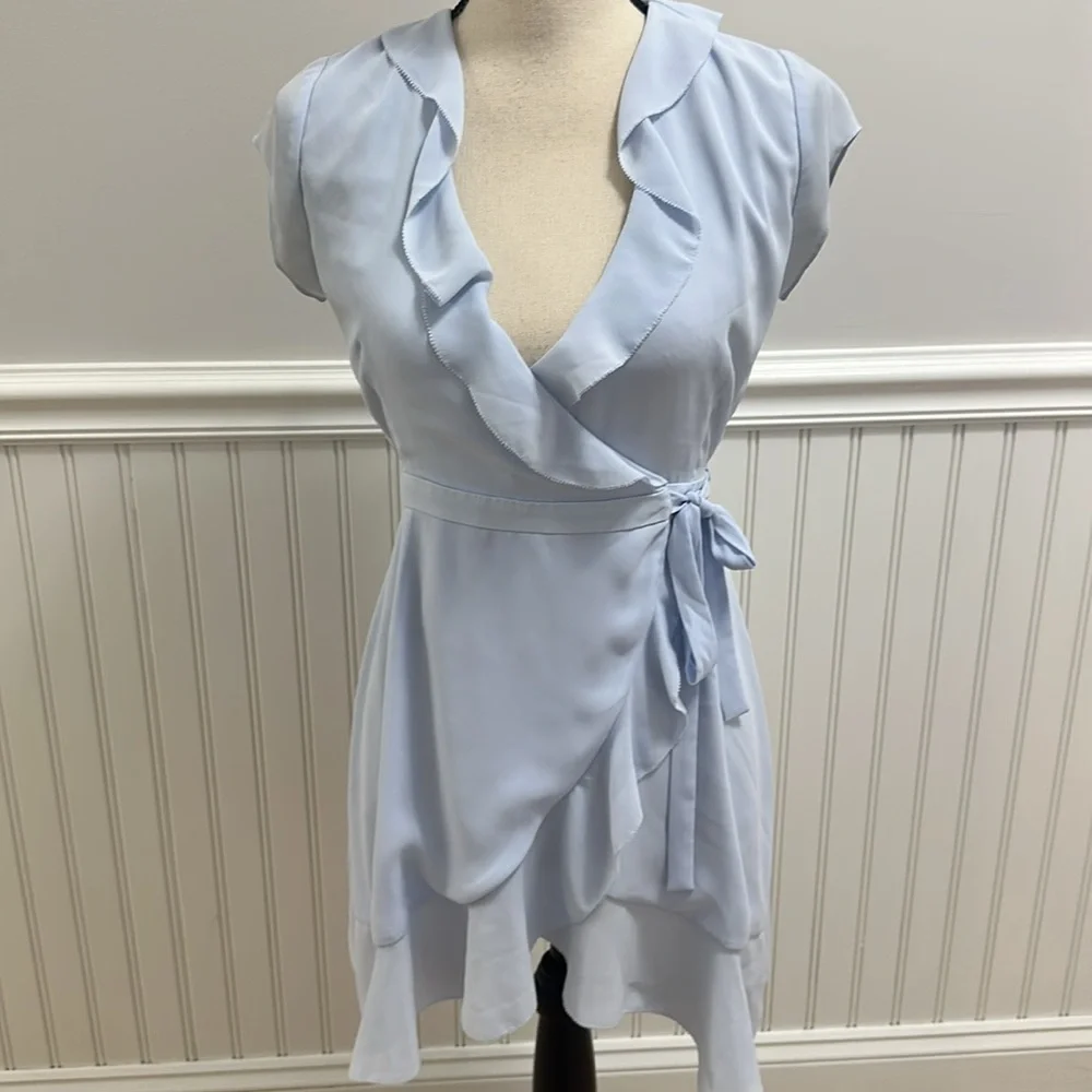Sunday Best Light Blue Ruffle Wrap Mini Dress - Picture 4 of 9